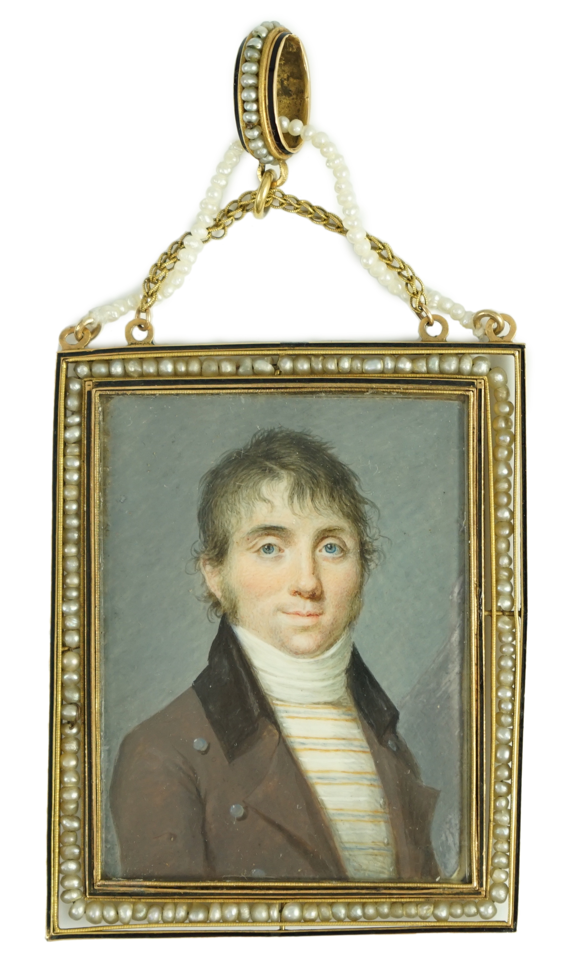 French School circa 1810, Portrait miniature of a gentleman wearing a mauve coat and striped shirt/ Napoleon wearing a laurel wreath verso, watercolour on ivory, 4.5 x 3.3cm. CITES Submission reference 1C81QFU1